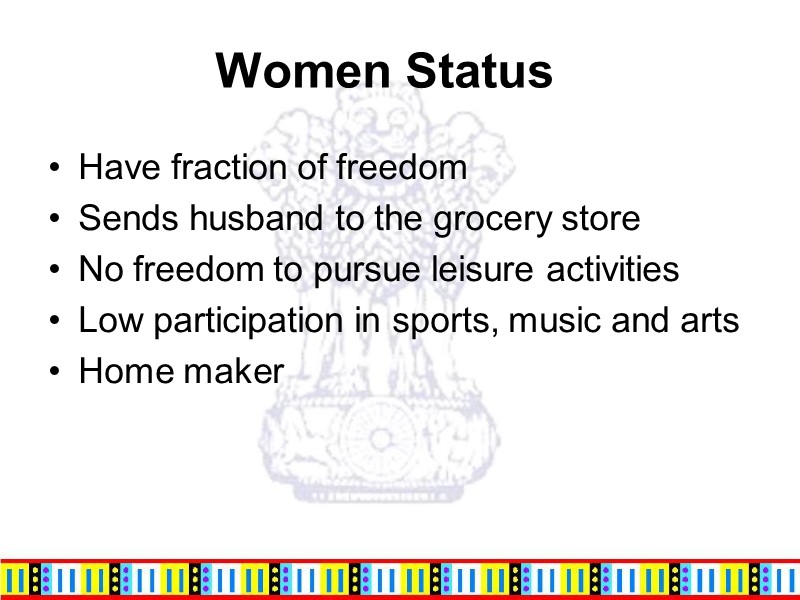 Women Status  Have fraction of freedom Sends husband to the grocery store No